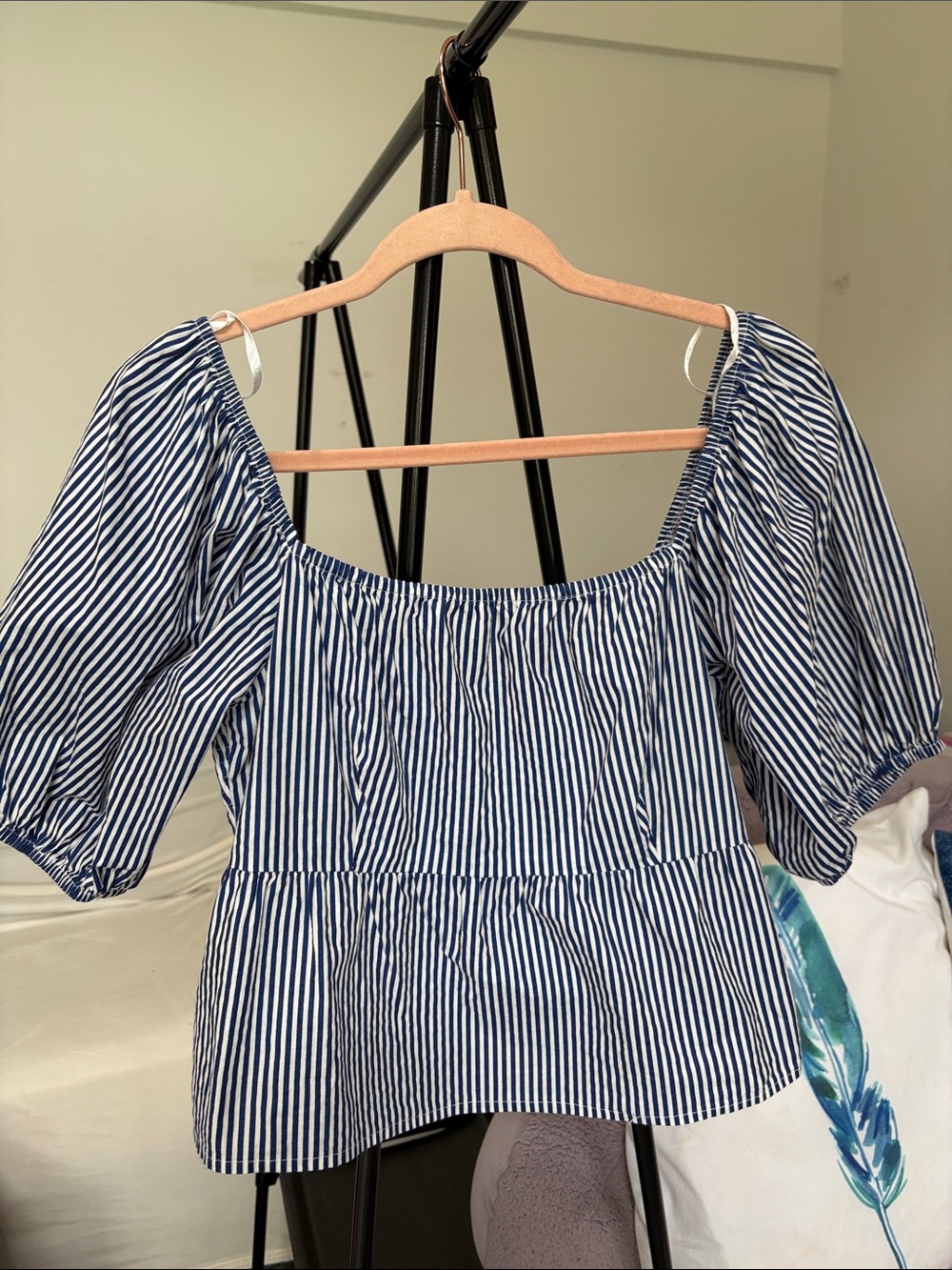 Blue and White Striped Puff-Sleeve Peasant Blouse - Women's